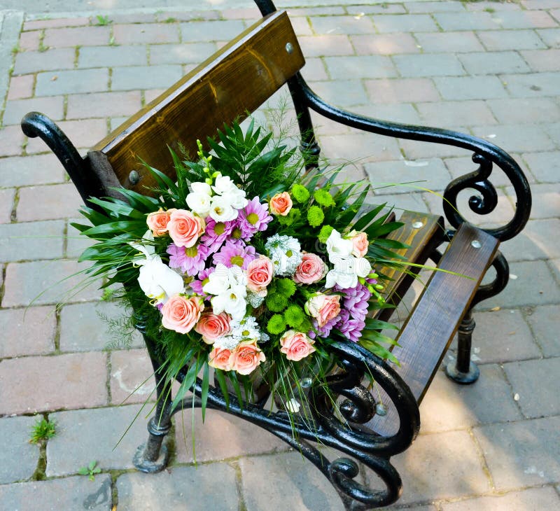 Wedding flowers on seat, outdoor