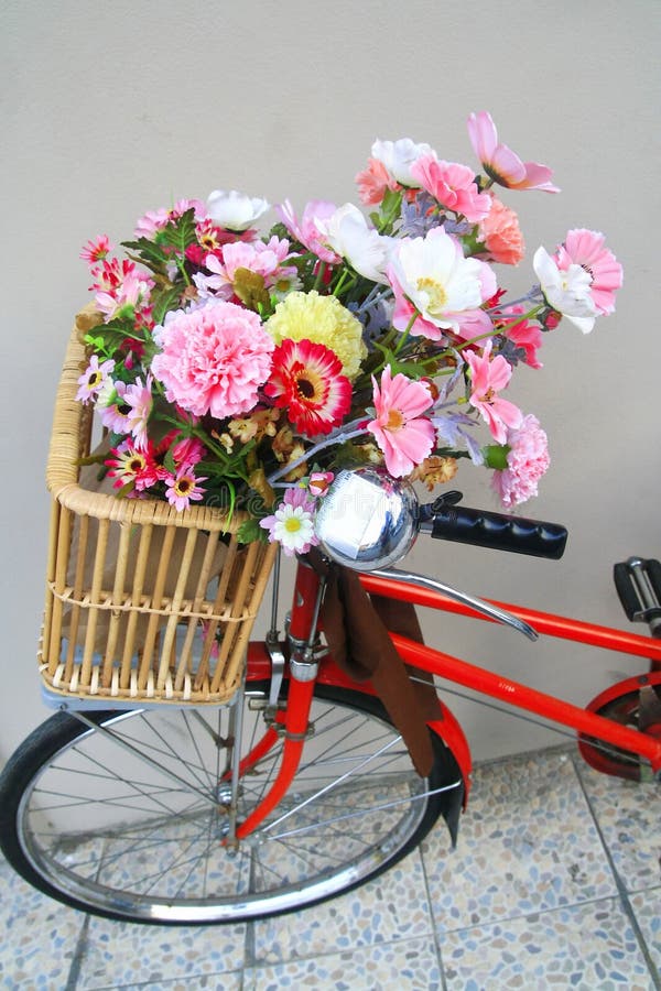 Flowers in bicycle basket stock image. Image of foliage 34535633