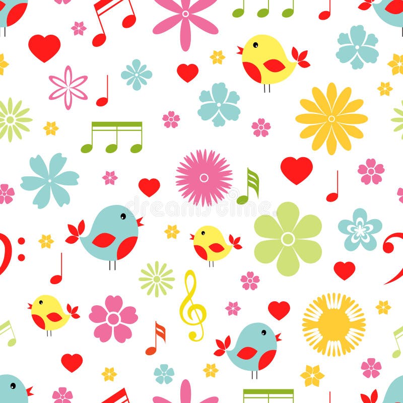 Flowers birds and music notes seamless pattern stock illustration Flowers birds and music notes seamless pattern stock illustration
