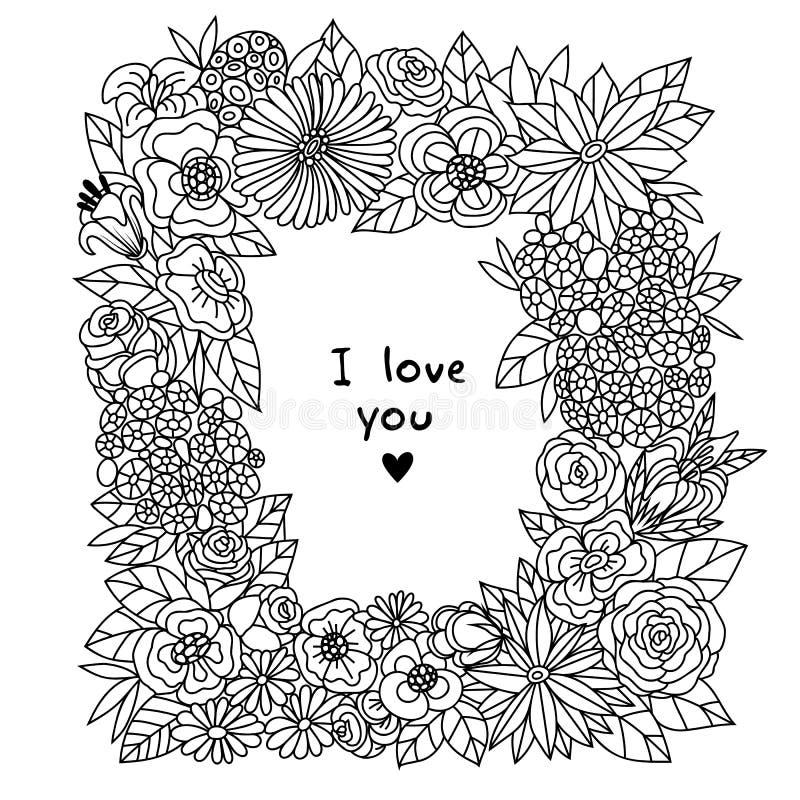 Flowers square frame. Black and white floral contour illustration. Flowers square frame. Black and white floral contour illustration.