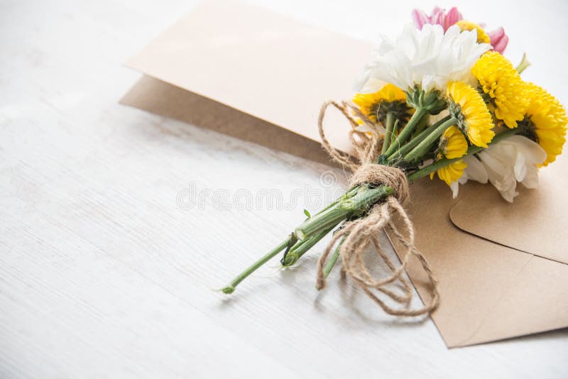 Flowers Bouquet in a Jar Vase with Card Note, Envelope and Blue Ribbon