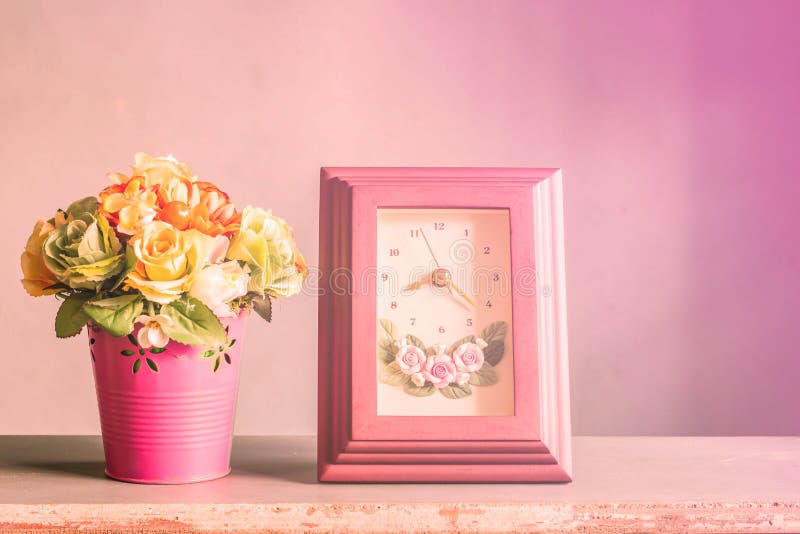 Flowers and Clock on the Wooden Stock Photo Image of celebration