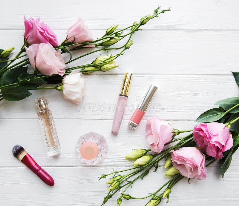 Makeup Cosmetic Accessories Products and Flowers Stock Photo Image of