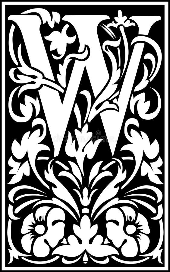 Flowers Decorative Letter W Balck and White Stock Vector - Illustration ...