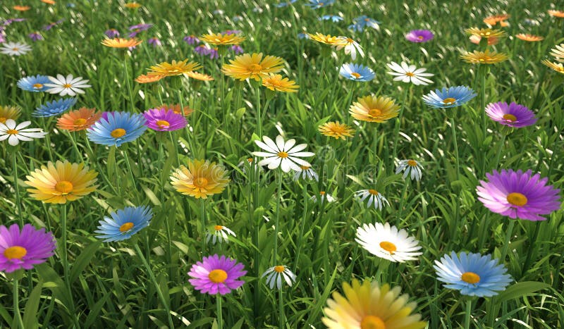 Flowers of different colors, in a grass field.