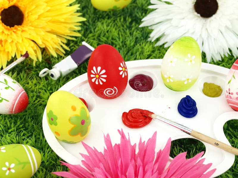 Flowers and Easter eggs on palette