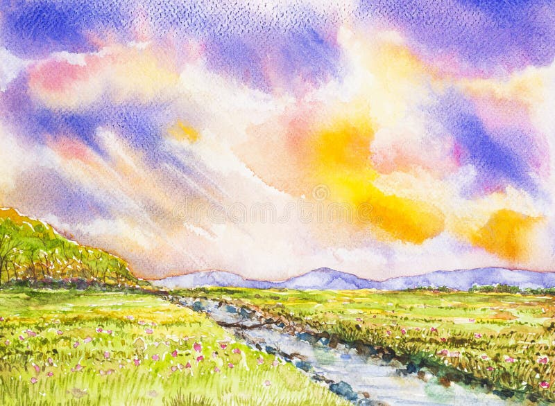 Flowers field and colorful sky watercolor painted stock illustration