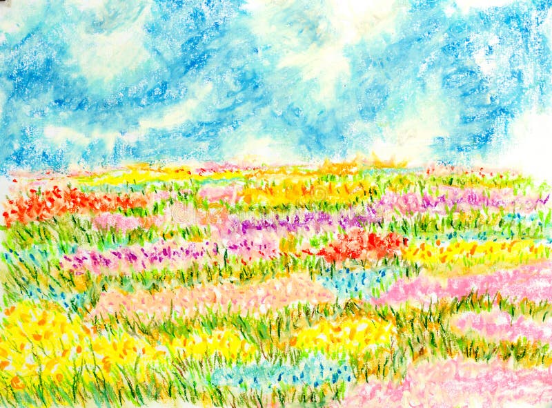 Flowers field landscape,oil pastel painting illustration stock illustration