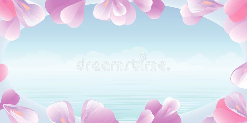 Flowers frame. Pink petals against background of turquoise sea. View from the window. Vector