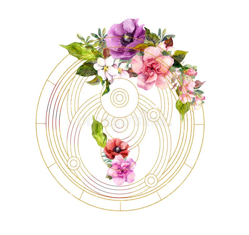 Flowers with golden esoteric circles. Watercolor for sacred magic, mysticism, yoga, spirituality
