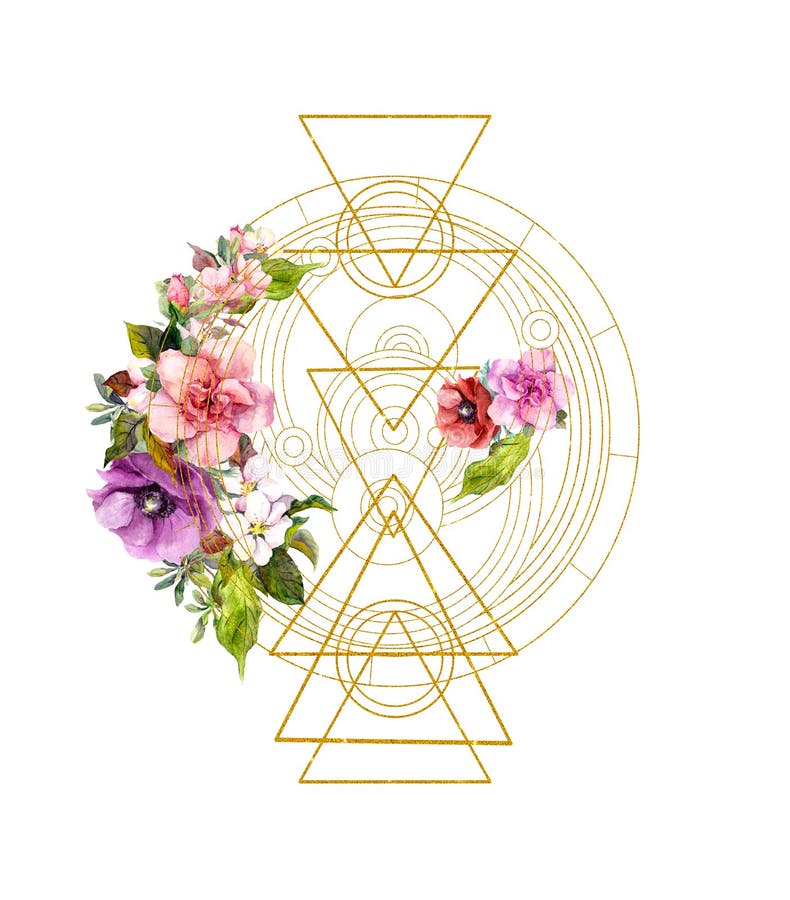 Flowers with golden magic triangles and circles. Watercolor geometric design for for astrology, mysticism, yoga