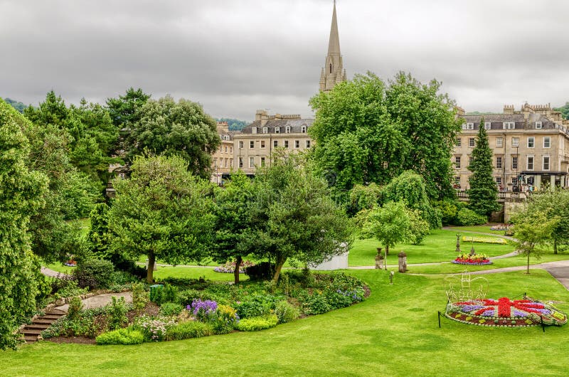 Flowers and grass in public park, Bath, England