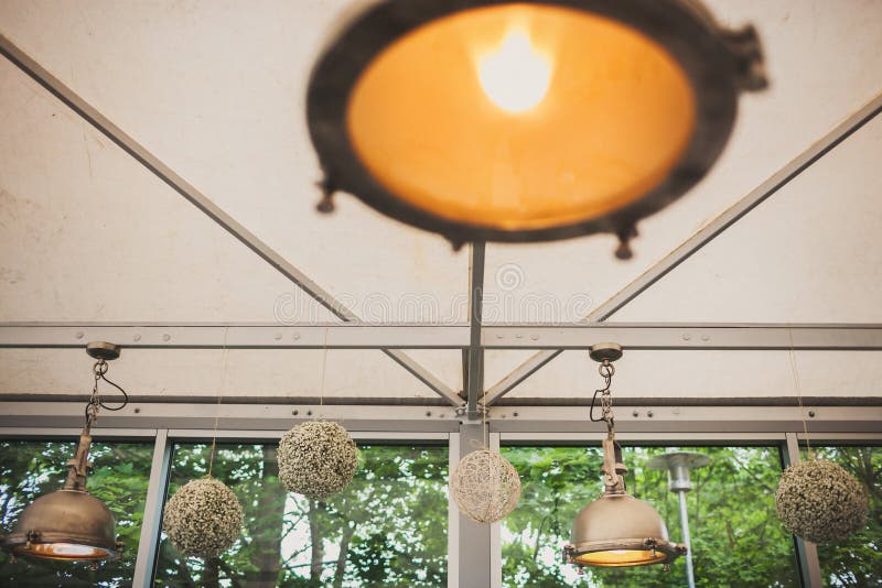 Flowers Hanging from the Ceiling at a Wedding Banquet Stock Photo