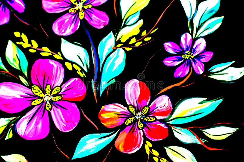 Flowers Illustration on a Black Background. Oil Painting, Impressionism