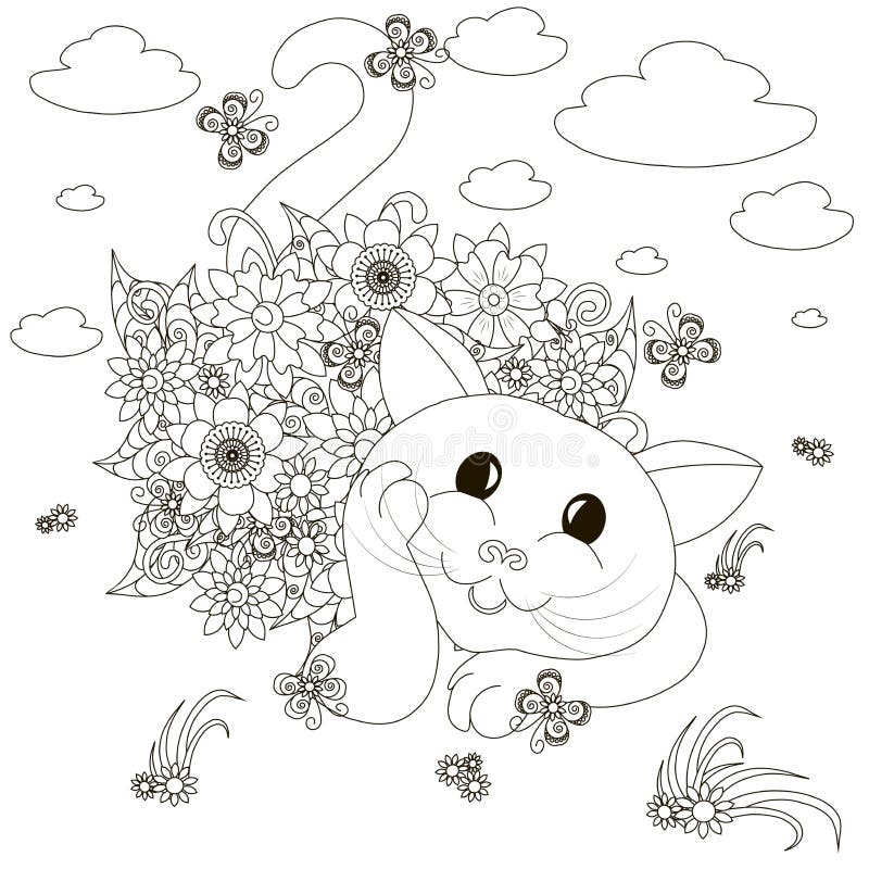 Flowers Cat, Coloring Page Anti-stress Stock Vector - Illustration of ...