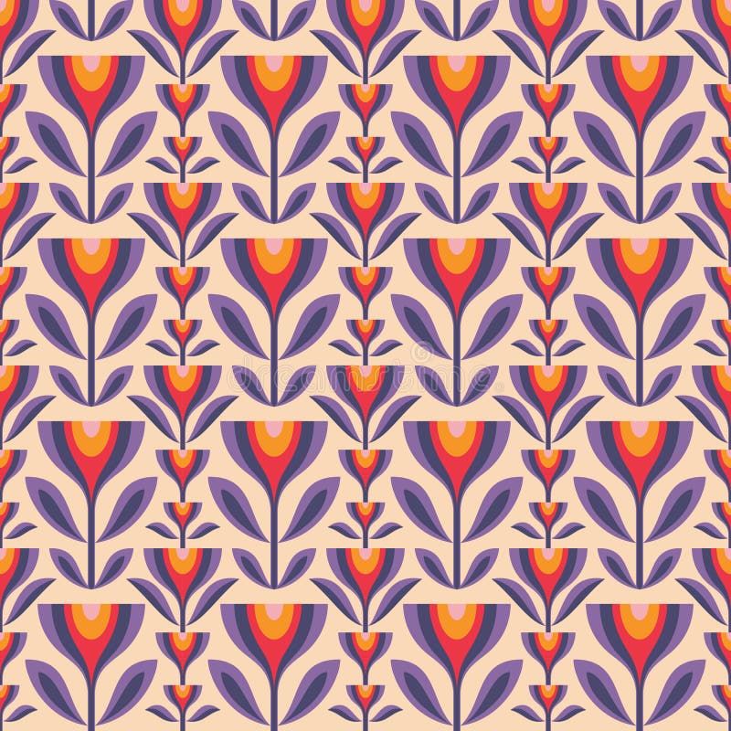 Flowers and leaves. Mid-century modern art vector background. Abstract geometric seamless pattern. Decorative ornament in retro vi