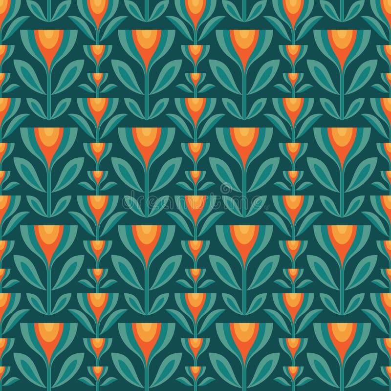 Flowers leaves vector background. Mid-century modern geometric seamless pattern. Decorative ornament in retro vintage design style