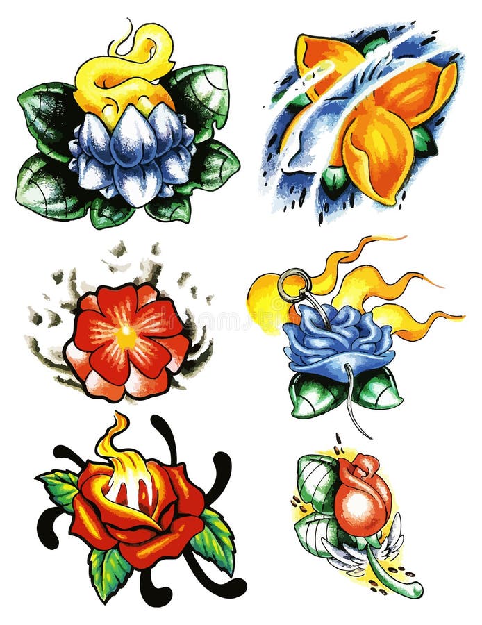 Flowers Tattoo Set. Set of Labels and Elements. Vector Set Illustration