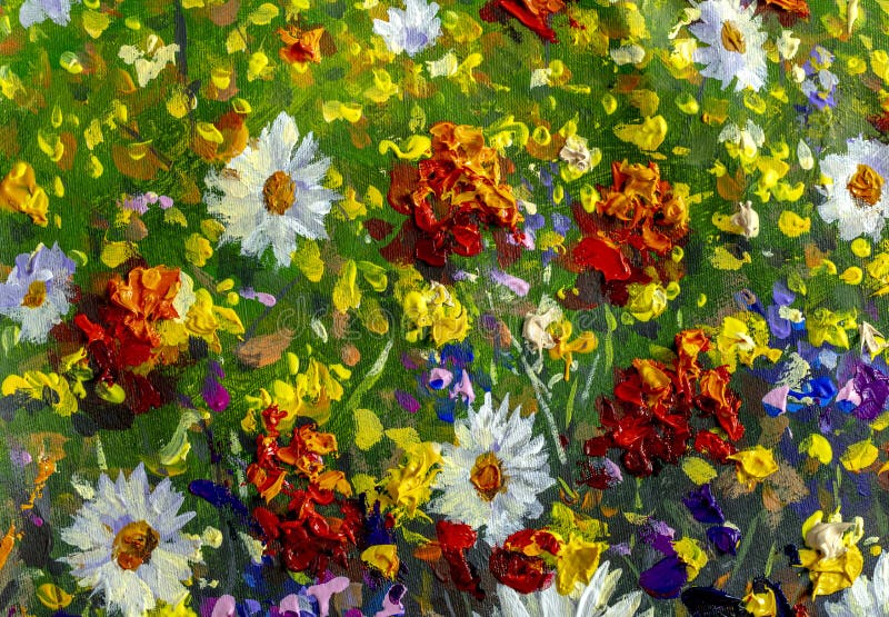 Wildflowers white daisies, red poppies and yellow beautiful flowers in grass on field painting