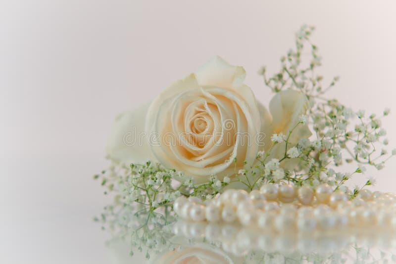 Flowers and pearls on white background