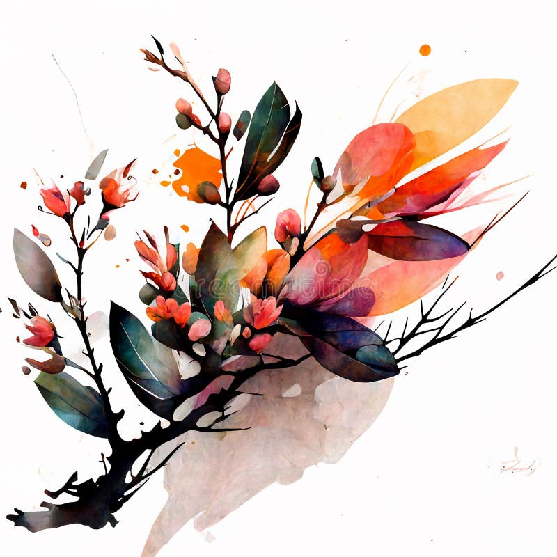 Abstract, plants, flowers, leaves, grass, watercolor style