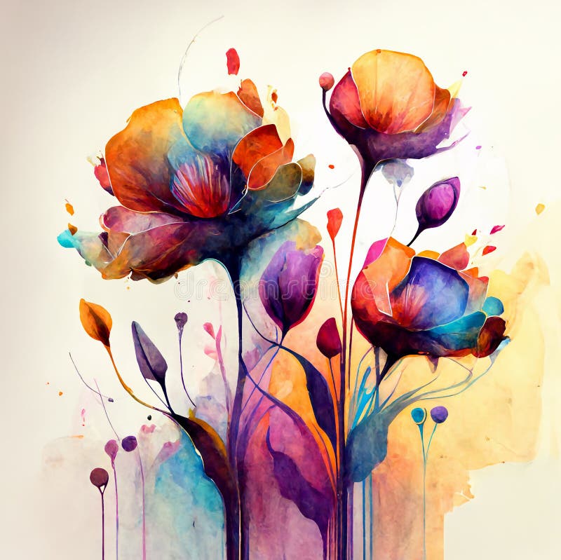 Abstract, plants, flowers, leaves, grass, watercolor style