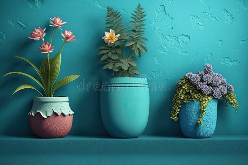 Flowers in Pots for Indoor Plants Next To a Blue Wall Stock Image