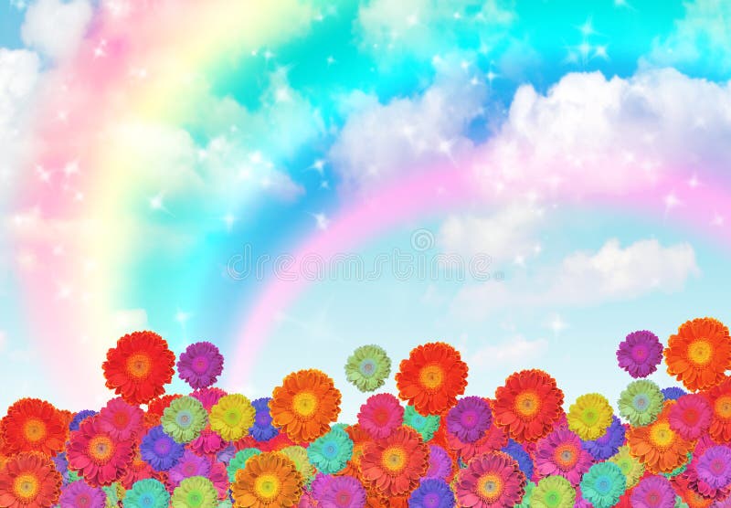 Flowers on rainbow cloud sky collage