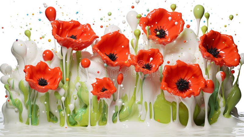 Flowers red poppies on a white background. Abstract composition made of colored glass by fusing technology. Generative AI. vector illustration