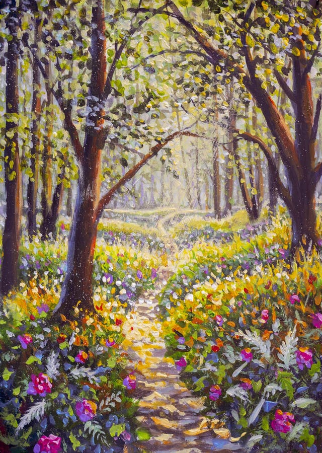 Flowers and road in sunny park forest alley oil painting illustration. Of nature. Big trees among flowers