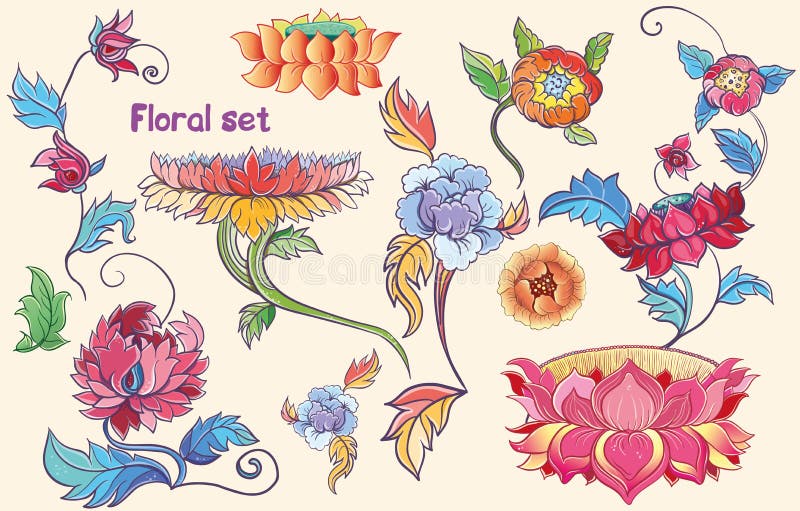 Flowers set with lotuses and peonies. asian theme