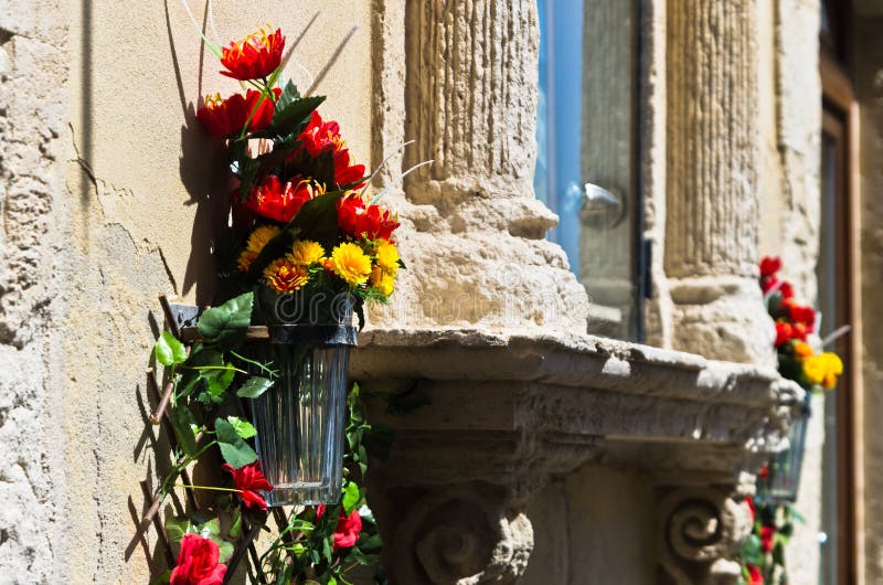 Flowers and stone,detail from street of Ortigia, city of Syracuse, Sicily