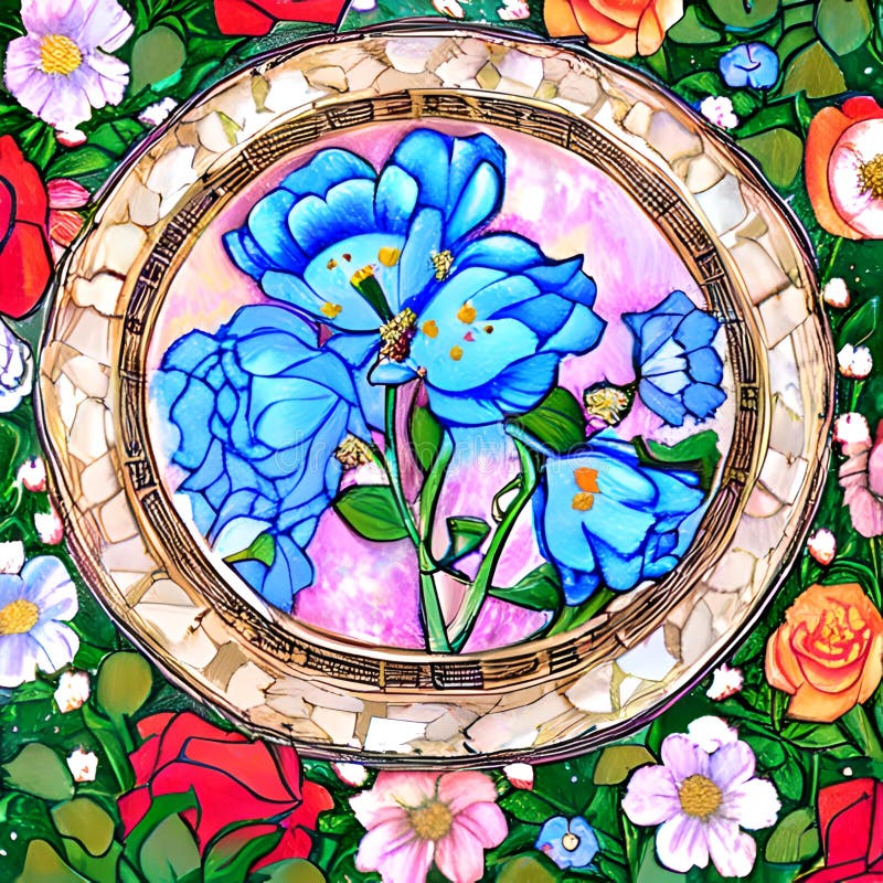 Flowers in the Style of Folklore Drawing Ai Generated, Generative AI, CGI Graphics Stock