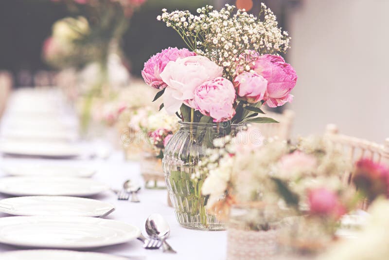 Flowers on a Table Set for a Lunch Party Outside Stock Image Image of