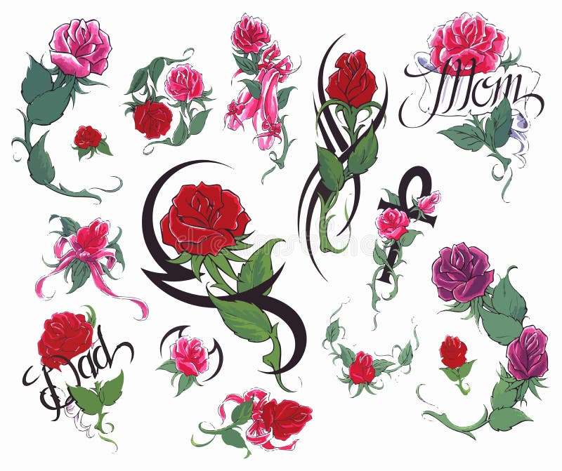 Flowers Tattoo Set. Set of Labels and Elements. Vector Set Illustration