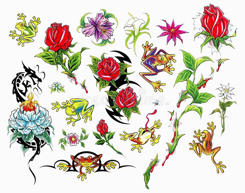 Flowers Tattoo Set. Set of Labels and Elements. Vector Set Illustration