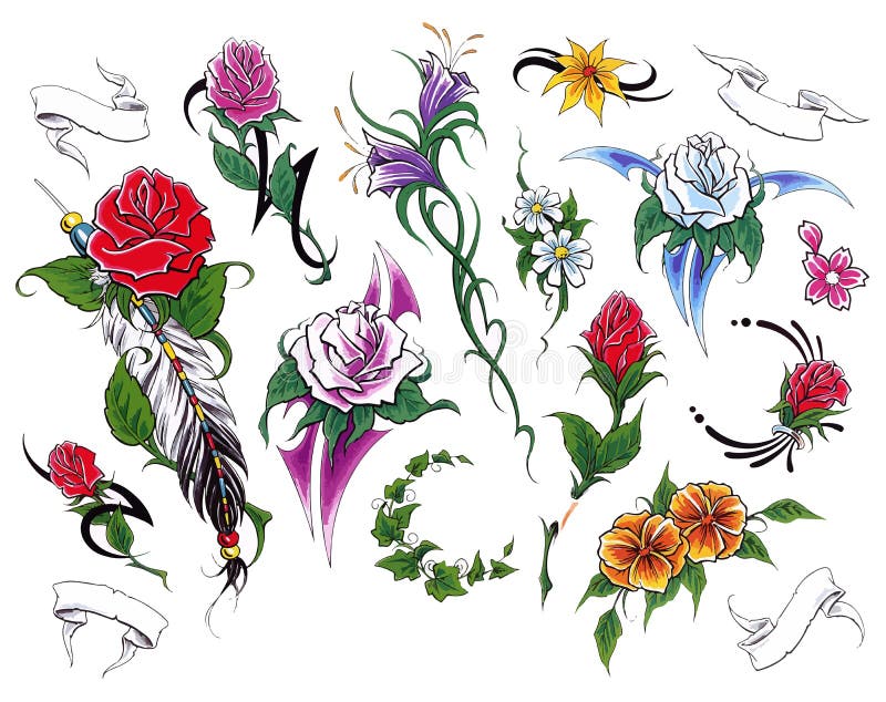 Flowers Tattoo Set. Set of Labels and Elements. Vector Set Illustration ...