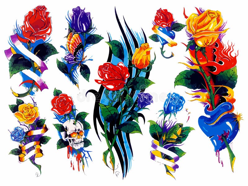 Flowers Tattoo Set. Set of Labels and Elements. Vector Set Illustration