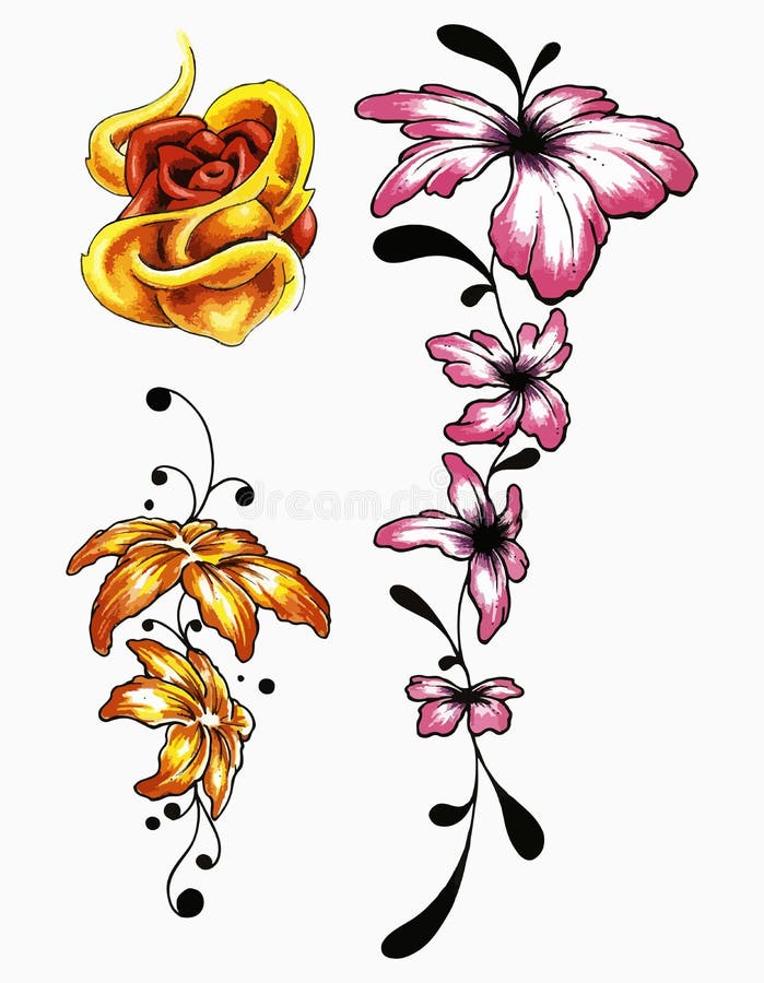 Flowers Tattoo Set. Set of Labels and Elements. Vector Set Illustration