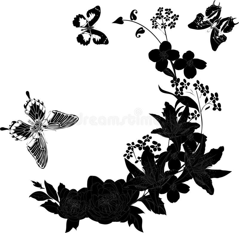 Black White Butterfly Flowers Stock Illustrations 7,344 Black White