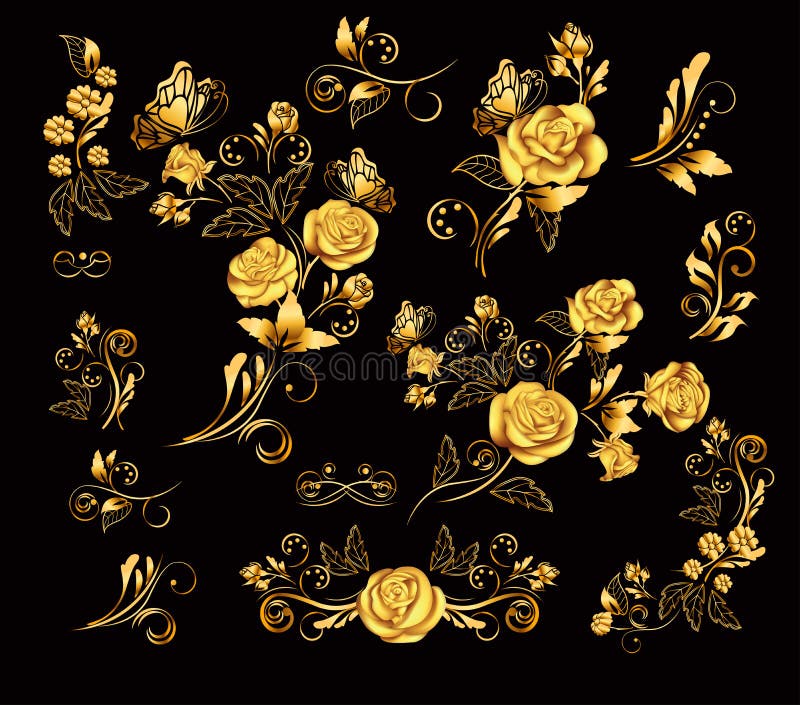 Flowers.Vector illustration with gold roses. Vintage decoration. Decorative, ornate, antique, luxury, floral elements