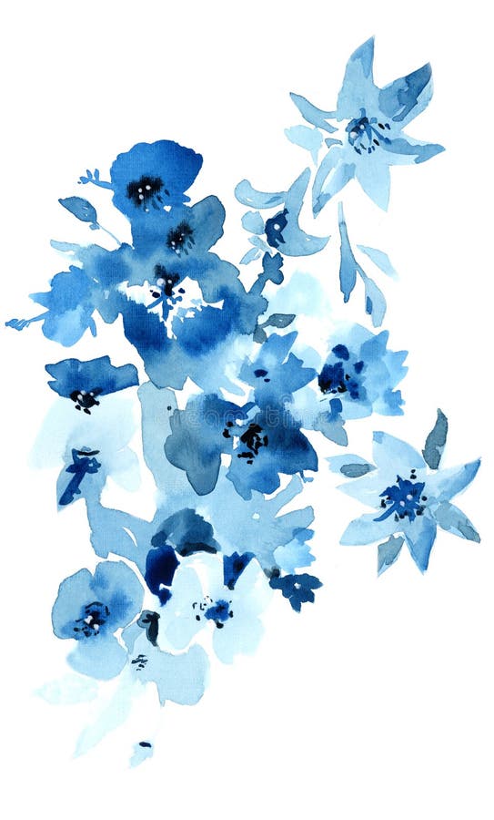 Blue Flowers Watercolor Illustration. Isolated Objects on White ...