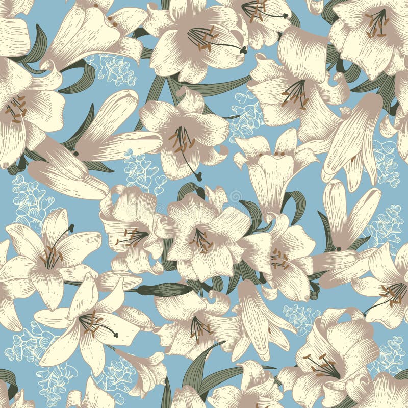 Flowers. White Lilies. Vector Seamless Background. Vintage Floral