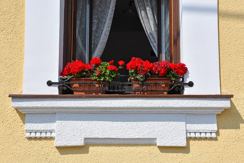 Flowers in the window of an old house royalty free stock photography