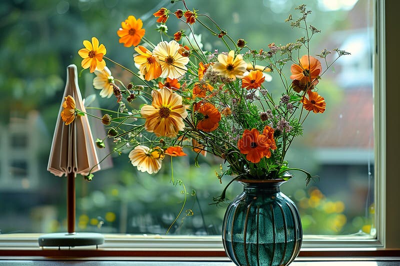  Flowers on the Windowsill in a Green Vase, Generatve Ai. Stock