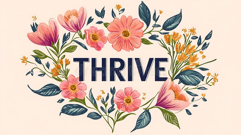 A flowery design with the word "thrive" written in blue. Concept of growth and positivity. Word thrive stock images, royalty-free photos and pictures
