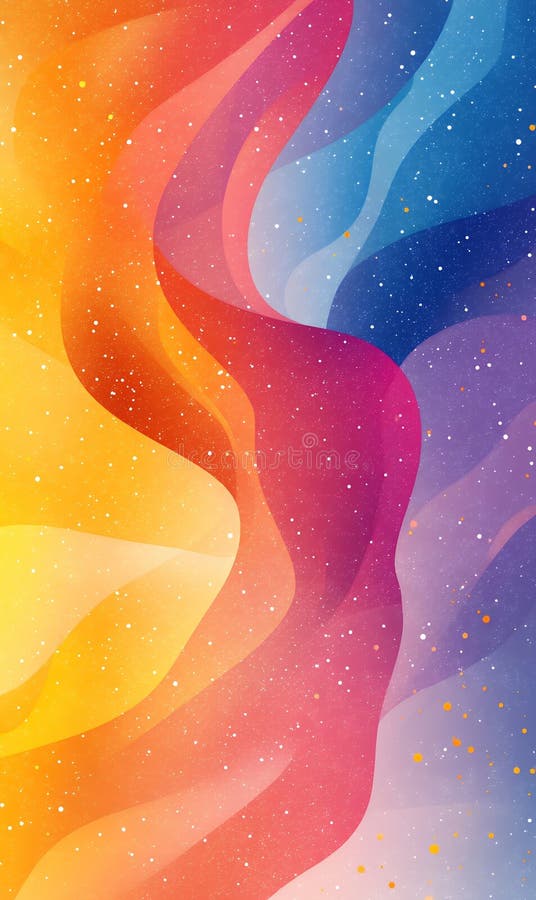 Abstract iridescent wave design in vivid hues and sparkling particle textures stock illustration
