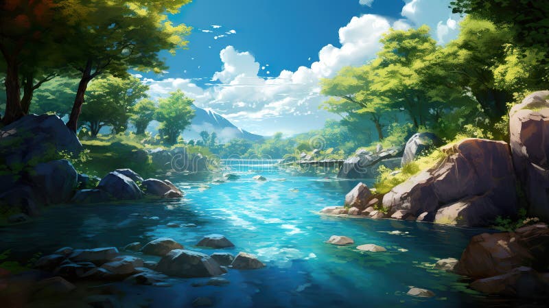 Flowing River Scenery in an Epic Anime Artwork Stock Illustration - Illustration of calm, aqours ...