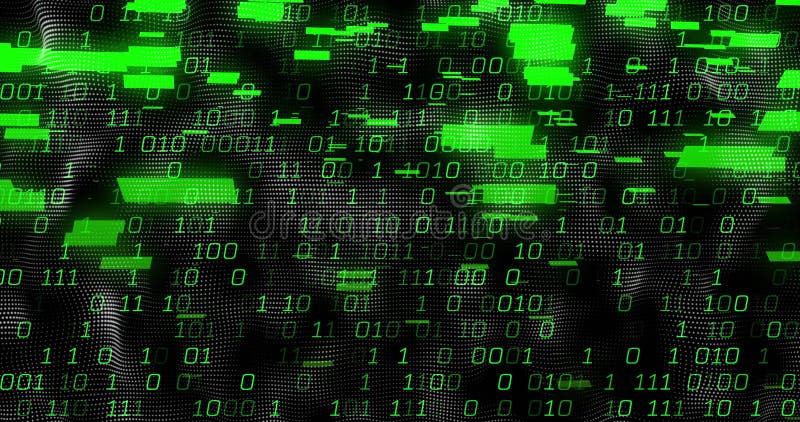 Flowing rows of green binary code rippling on pixelated virtual data grid, with glowing data blocks royalty free illustration