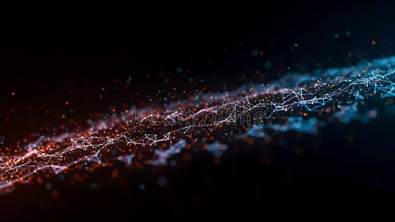Flowing stream of glowing digital network connections with red and blue particle waves forming futuristic data visualization vector illustration
